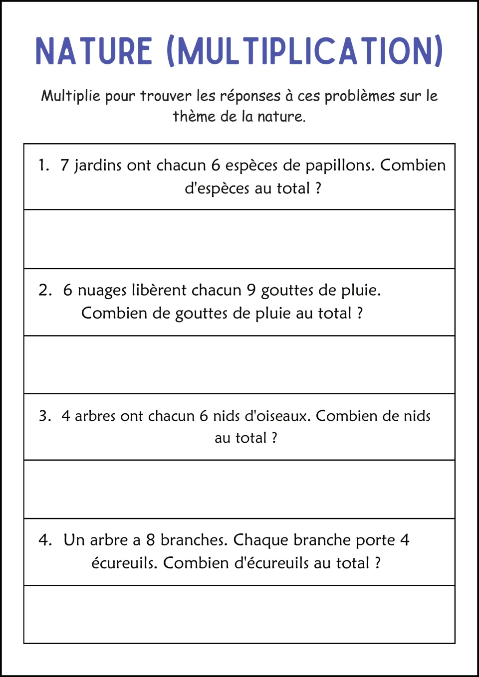 Nature-themed multiplication in French: students total butterfly species in gardens, raindrops, bird nests and squirrels