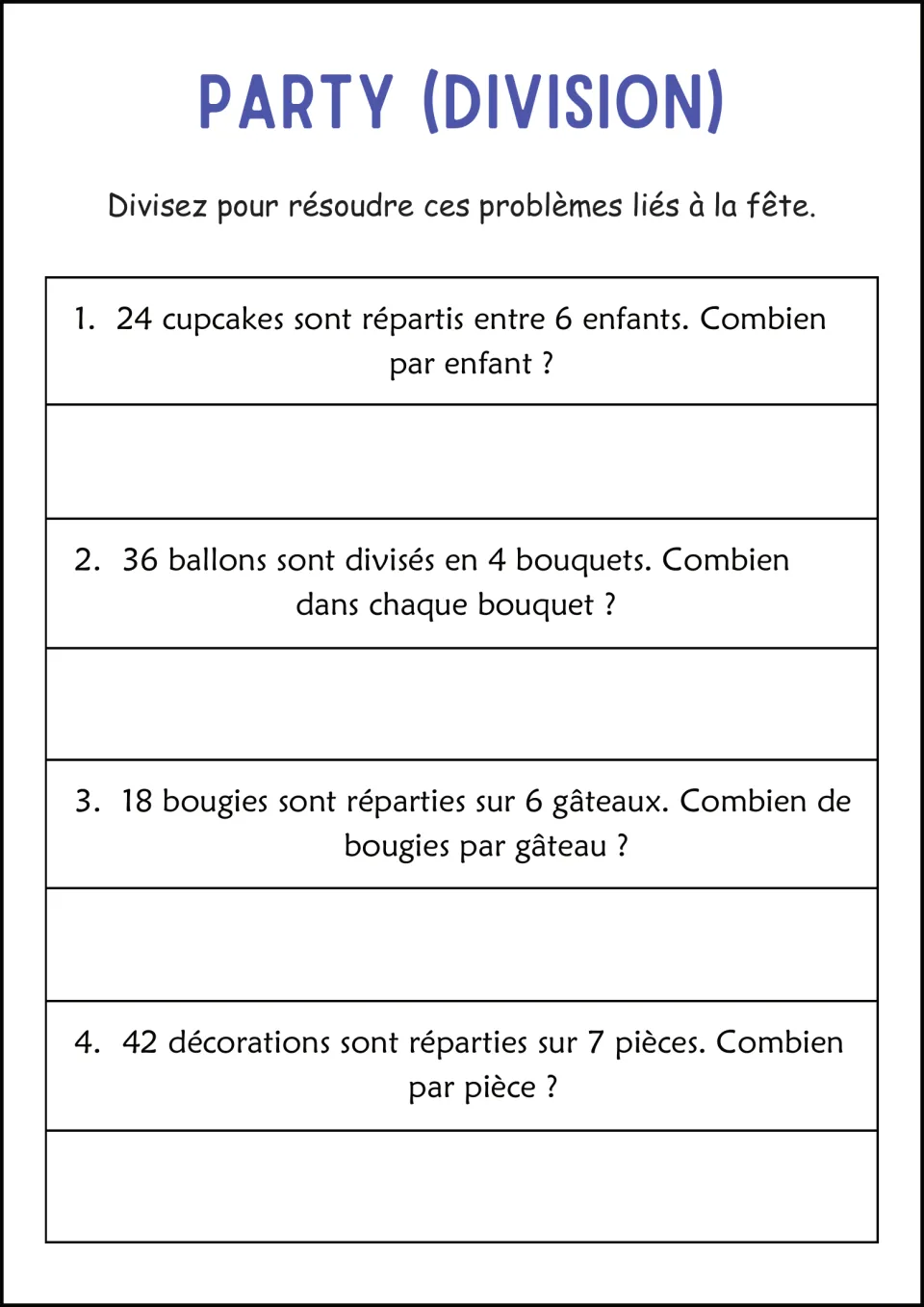 Party division in French: students share cupcakes among children, balloons into bouquets, candles and decorations