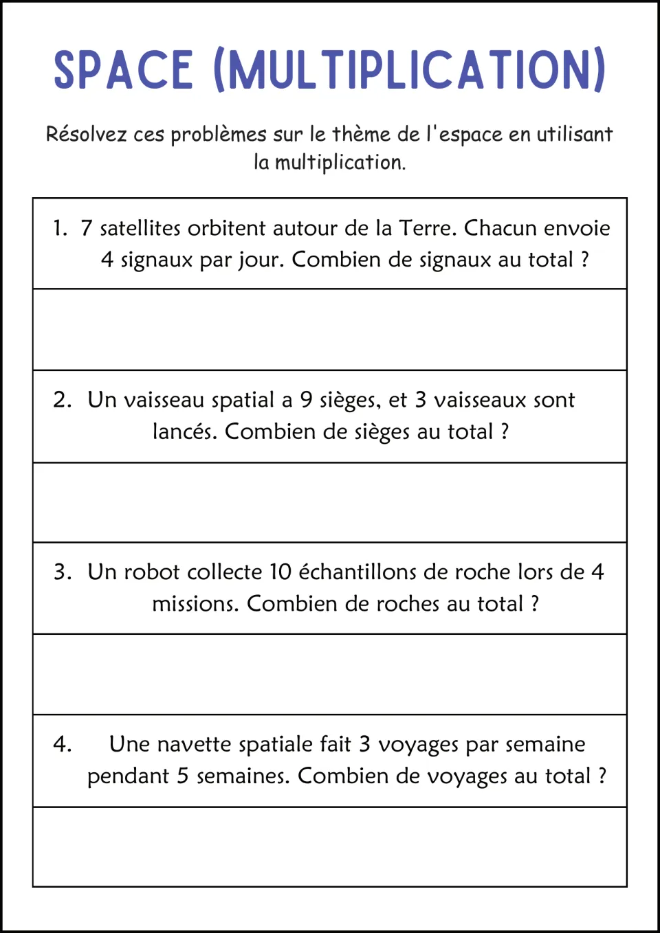 Space-themed multiplication in French: students total satellite signals, spaceship seats, rock samples and shuttle trips