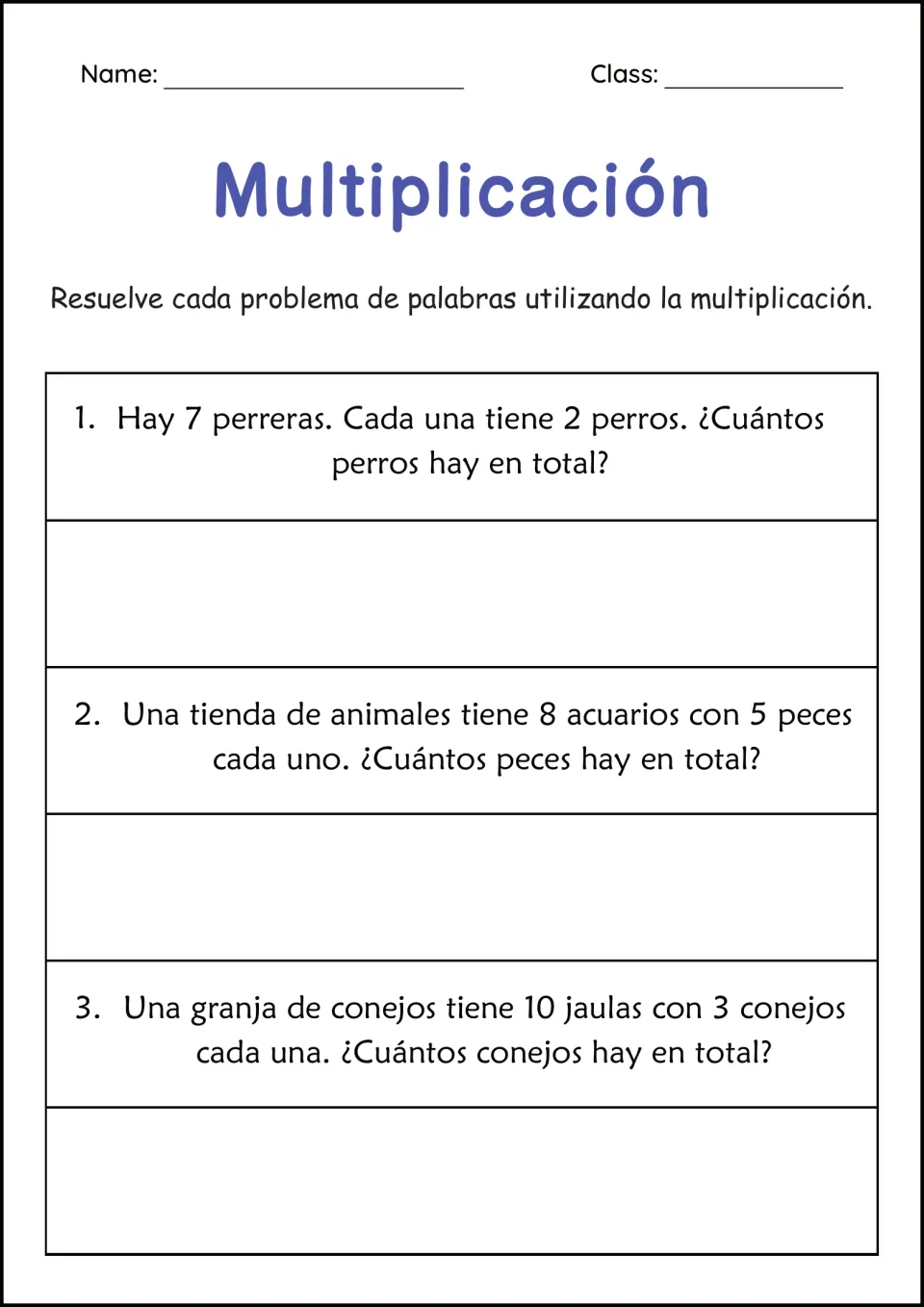 Multiplicación in Spanish: students solve 3 word problems about dogs in kennels, fish in tanks and rabbits in cages