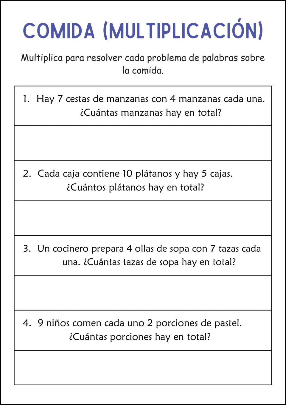Comida (Multiplicación): students multiply in 4 Spanish food problems about apples, bananas, soup cups and cake slices