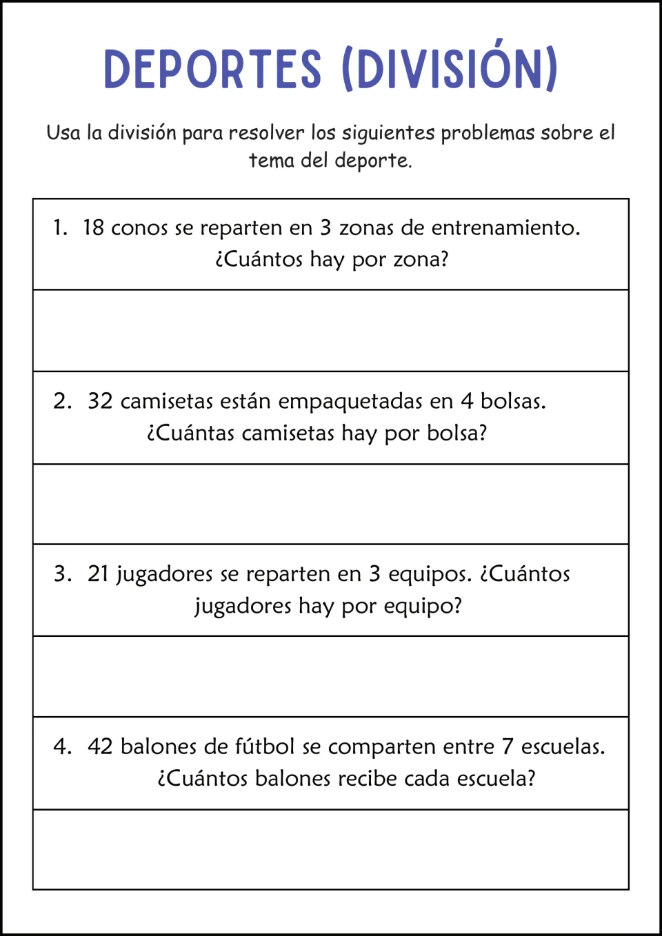 Deportes (División) set two: students split cones, T-shirts, players and soccer balls into equal groups in Spanish