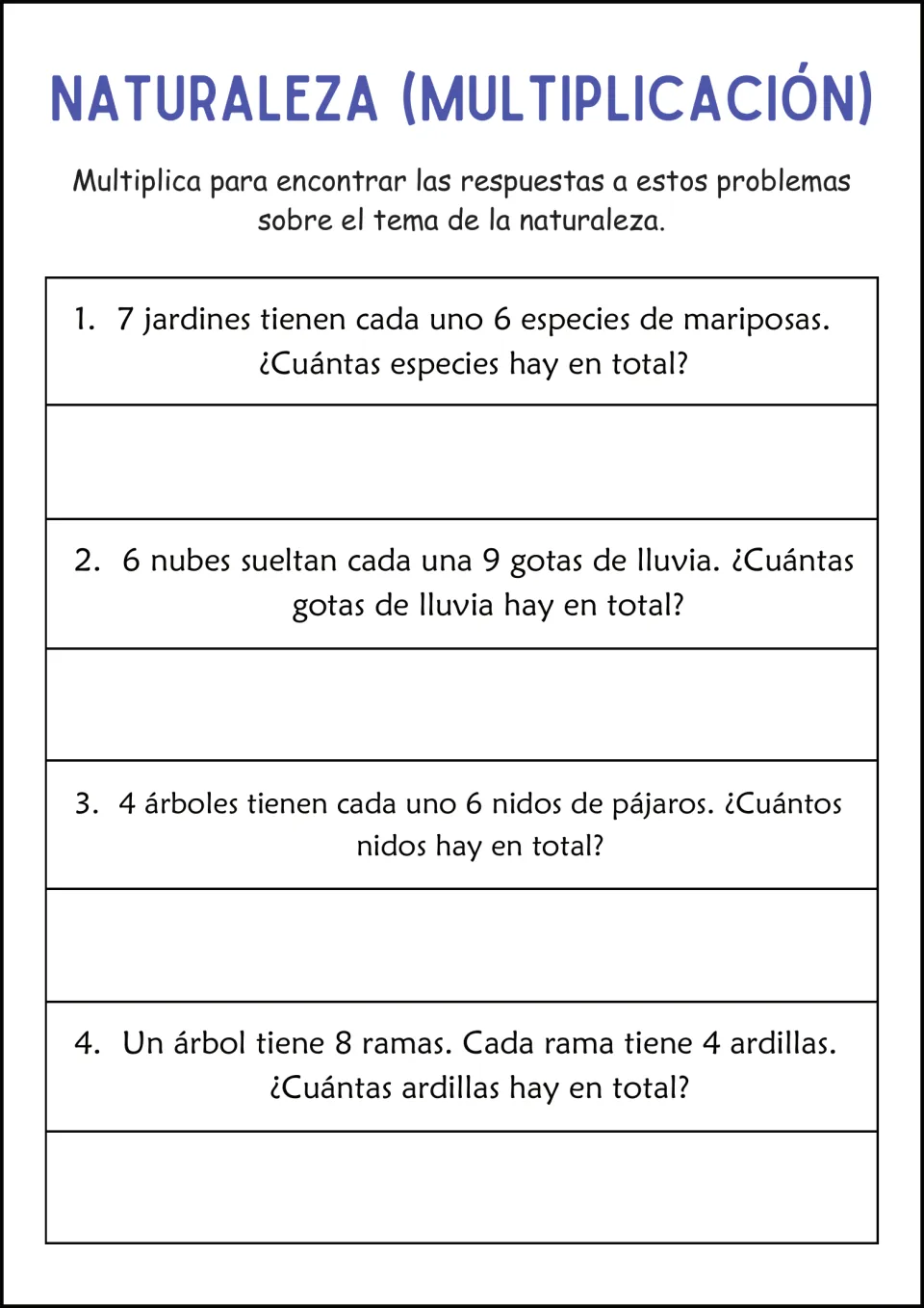 Naturaleza (Multiplicación): students multiply butterflies, raindrops, bird nests and squirrels in 4 Spanish problems