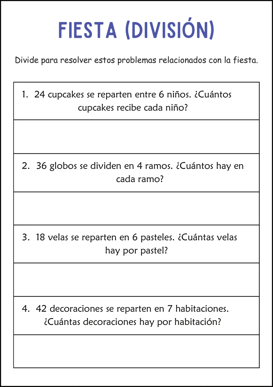 Fiesta (División): students divide cupcakes, balloons, candles and decorations equally in 4 party word problems in Spanish