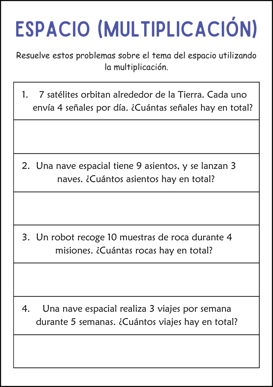 Espacio (Multiplicación): students multiply to find totals of satellite signals, spaceship seats, rock samples and trips