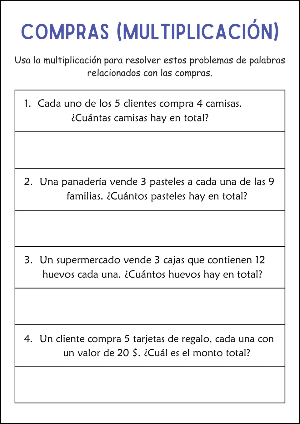 Compras (Multiplicación): students multiply shirts, cakes, eggs and gift card values in 4 Spanish shopping problems