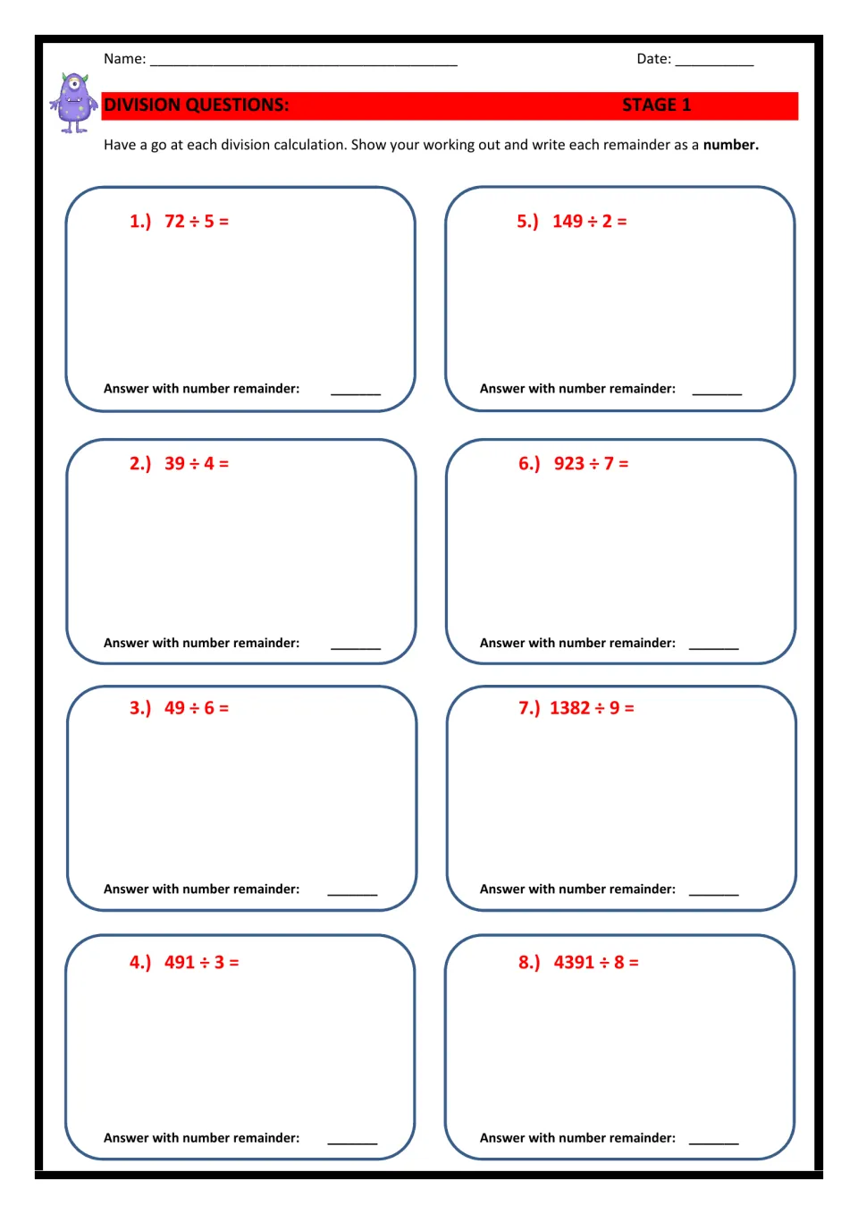 Division Stage 1: students solve 8 problems such as 72 ÷ 5 and 4391 ÷ 8, showing working and whole-number remainders