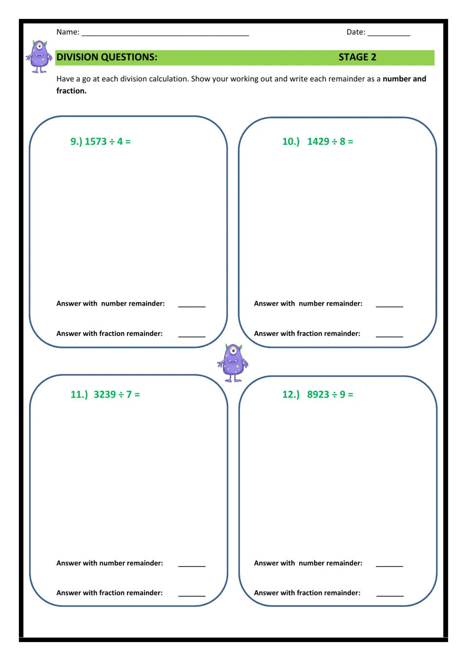 Division Stage 2: students solve 1573 ÷ 4 to 8923 ÷ 9, writing each remainder as a whole number and as a fraction