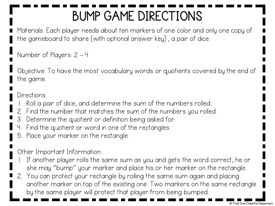 Bump game directions for 2–4 players: roll two dice, solve a prompt, place markers, and bump or protect them