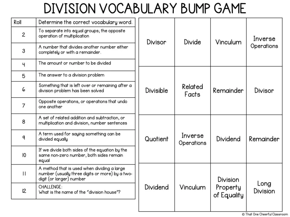 Division vocabulary bump game with 11 clues for words including divisor, dividend, quotient, and remainder