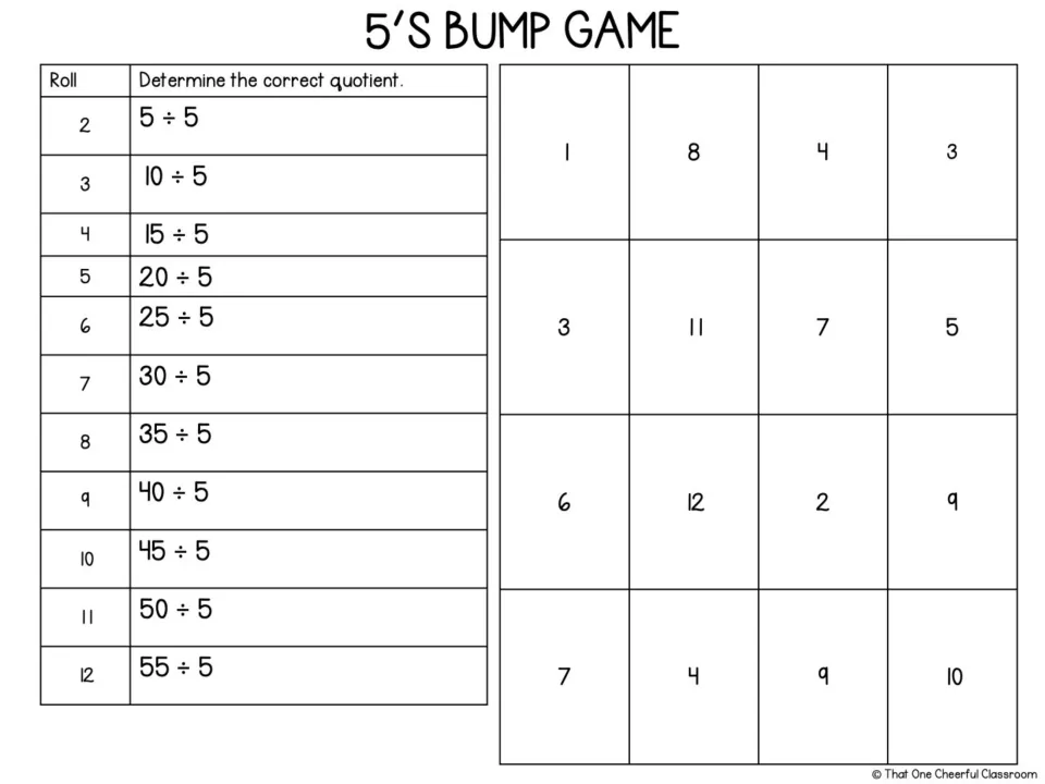 Division by 5 bump game board with 11 problems from 5 ÷ 5 through 55 ÷ 5 and quotient choices to cover