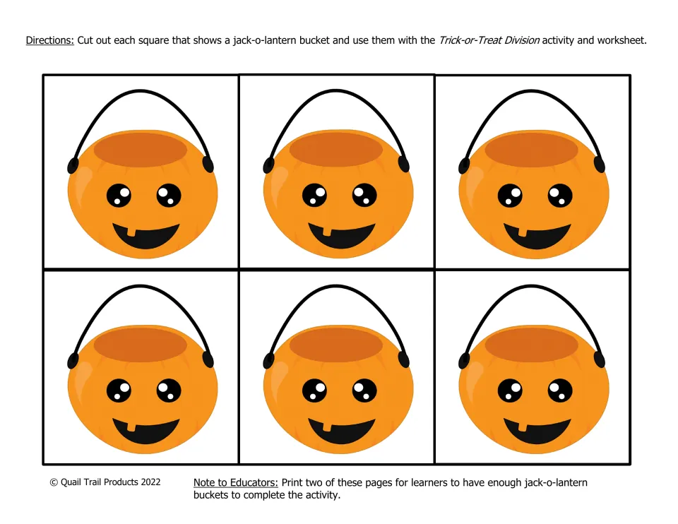 Division manipulatives: six color jack-o-lantern bucket cards for students to cut out and use as groups when dividing