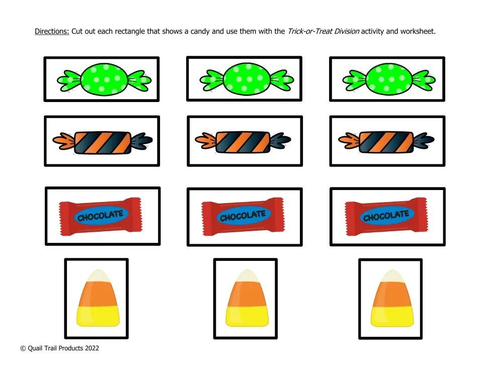 Candy counters: 12 color candy cards to cut out, including wrapped sweets, chocolate bars and candy corn, for sharing out