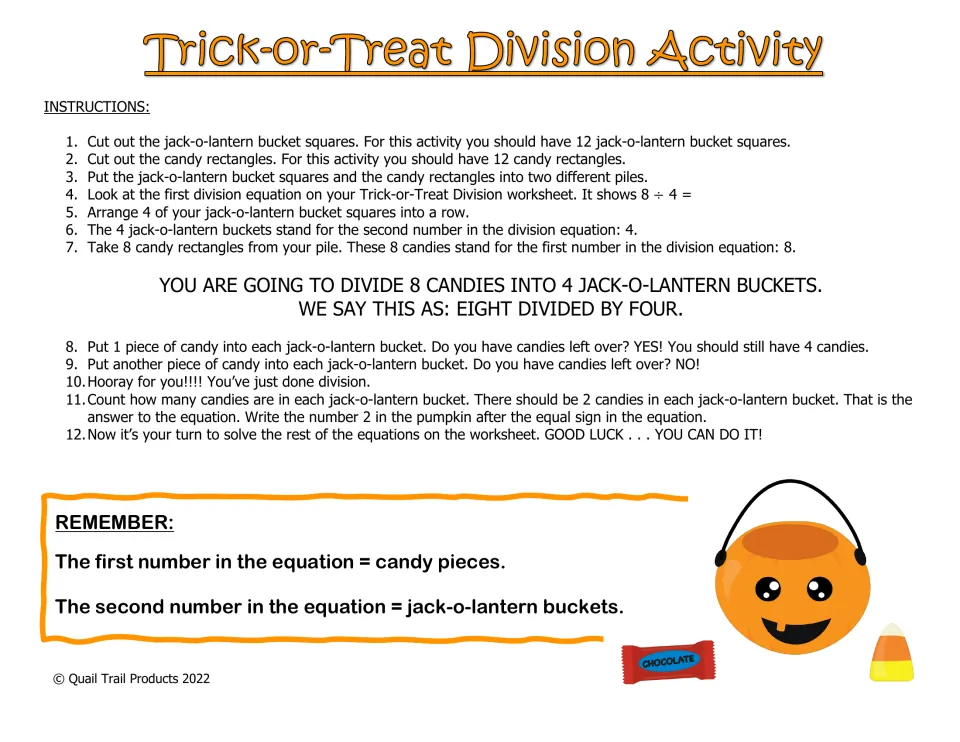Division activity steps: students model 8 ÷ 4 by sharing 8 candy cards equally among 4 bucket cards to find 2 in each