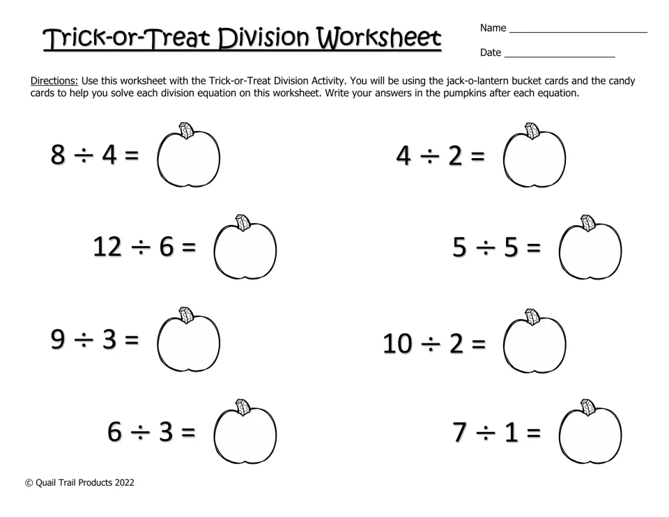 Trick-or-Treat Division Worksheet: students solve 8 division facts such as 8 ÷ 4 and 12 ÷ 6, writing answers in pumpkins