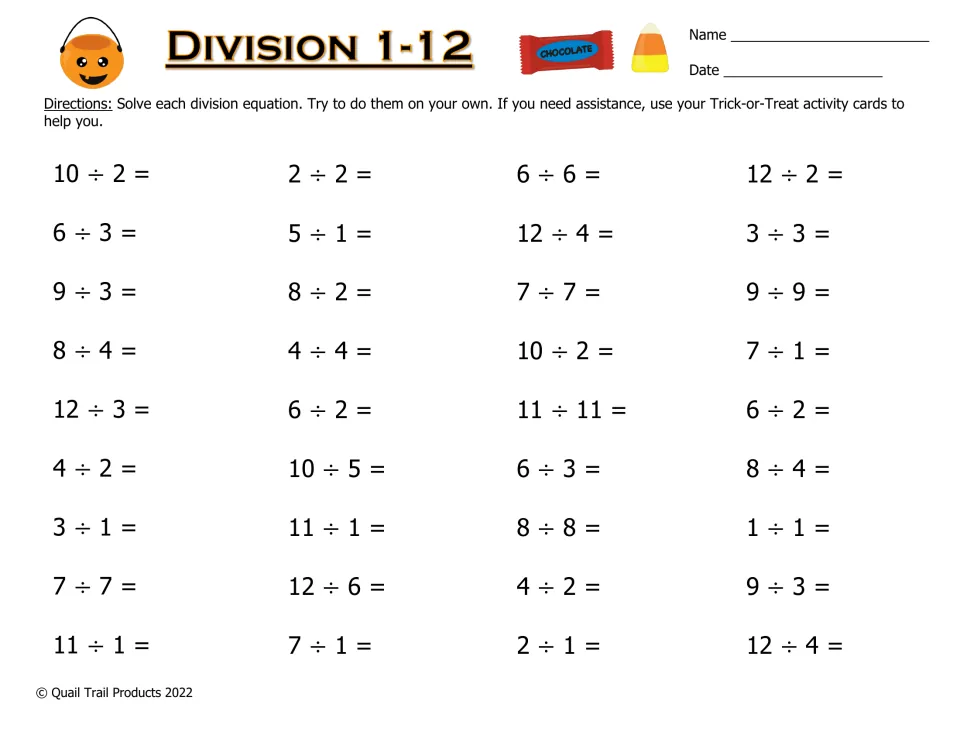 Division 1-12 practice: students solve 36 division facts such as 10 ÷ 2 and 11 ÷ 11, using the activity cards if needed
