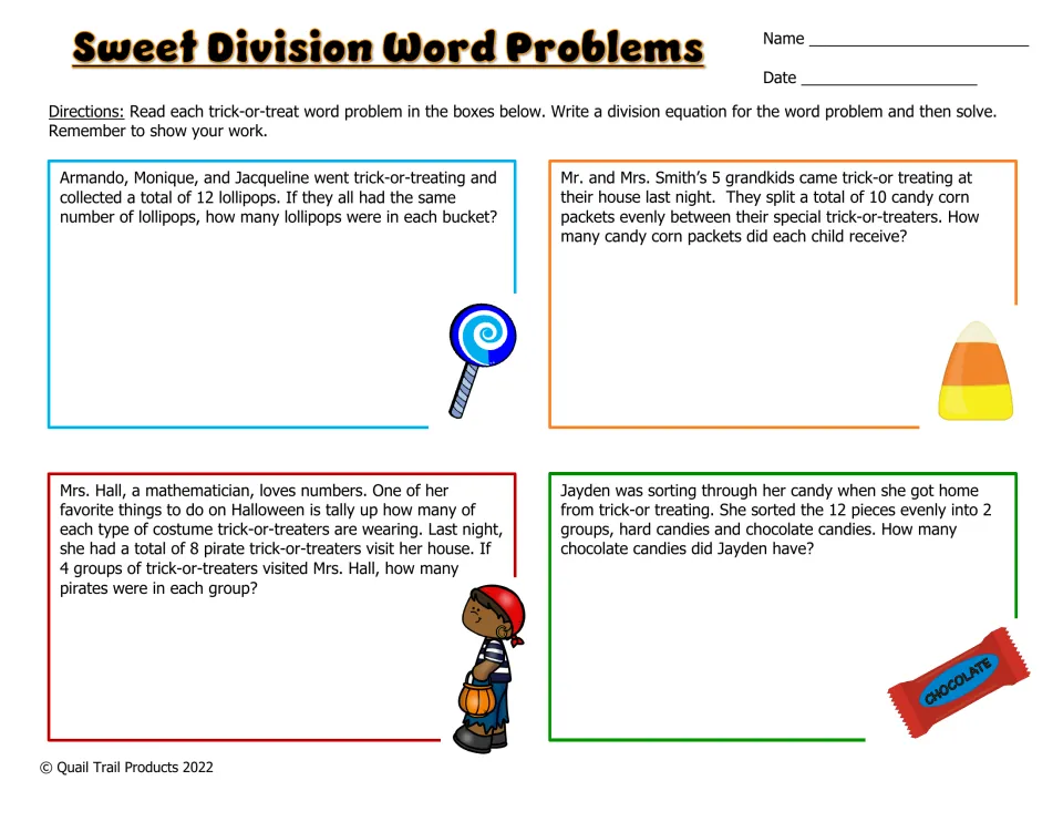 Sweet Division Word Problems: students write and solve division equations for 4 Halloween candy and costume stories