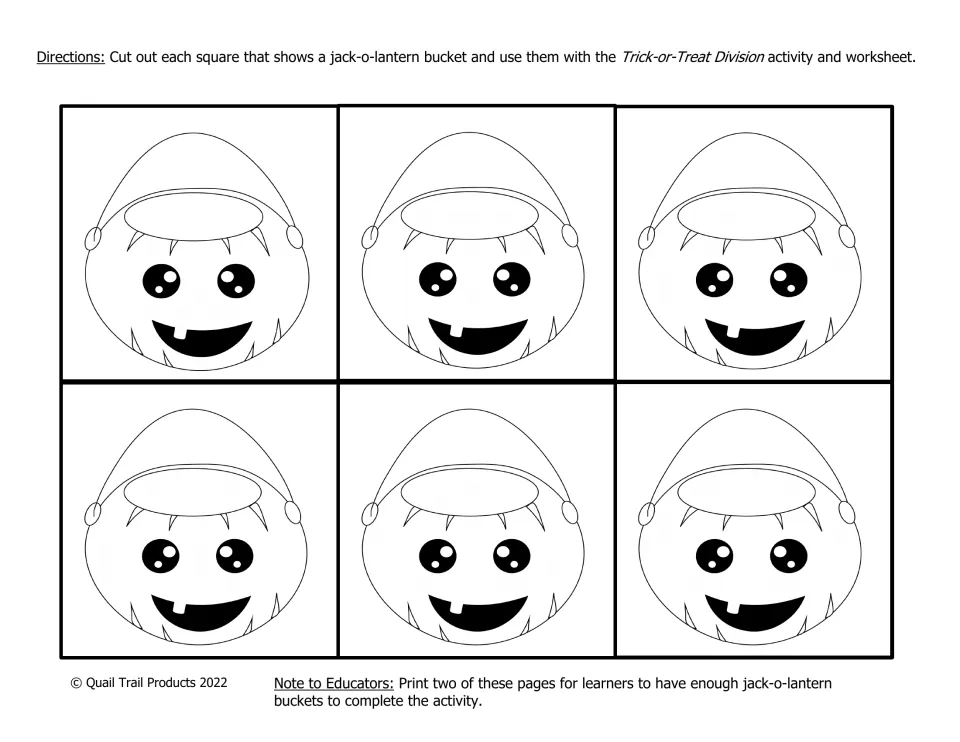Black-and-white jack-o-lantern bucket cards: six outlined buckets for students to cut out and use as division groups