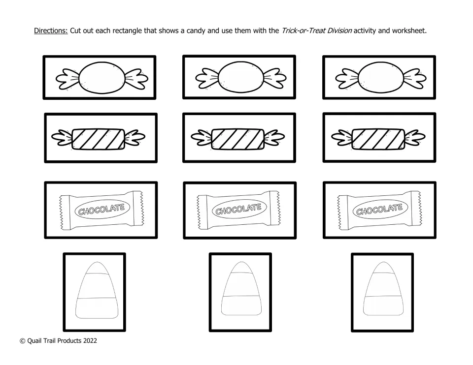 Black-and-white candy cards: 12 outlined sweets, chocolate bars and candy corn to cut out as counters for dividing