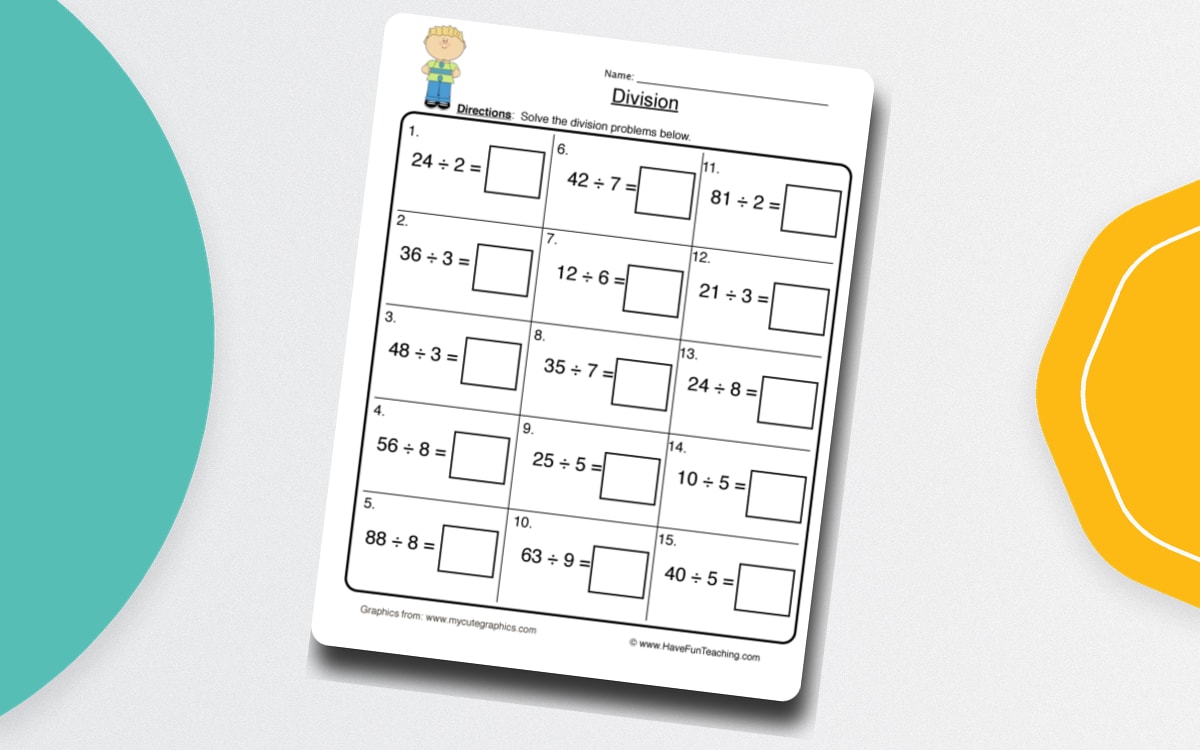 Division Fast Facts Worksheet preview: Fifteen grouped sets of basic division calculations