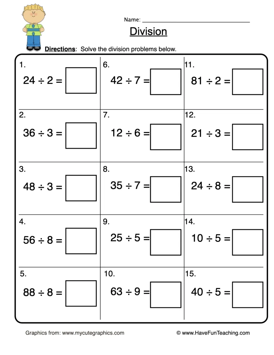 Division practice: students solve 15 problems such as 24 ÷ 2, 42 ÷ 7 and 63 ÷ 9, writing each quotient