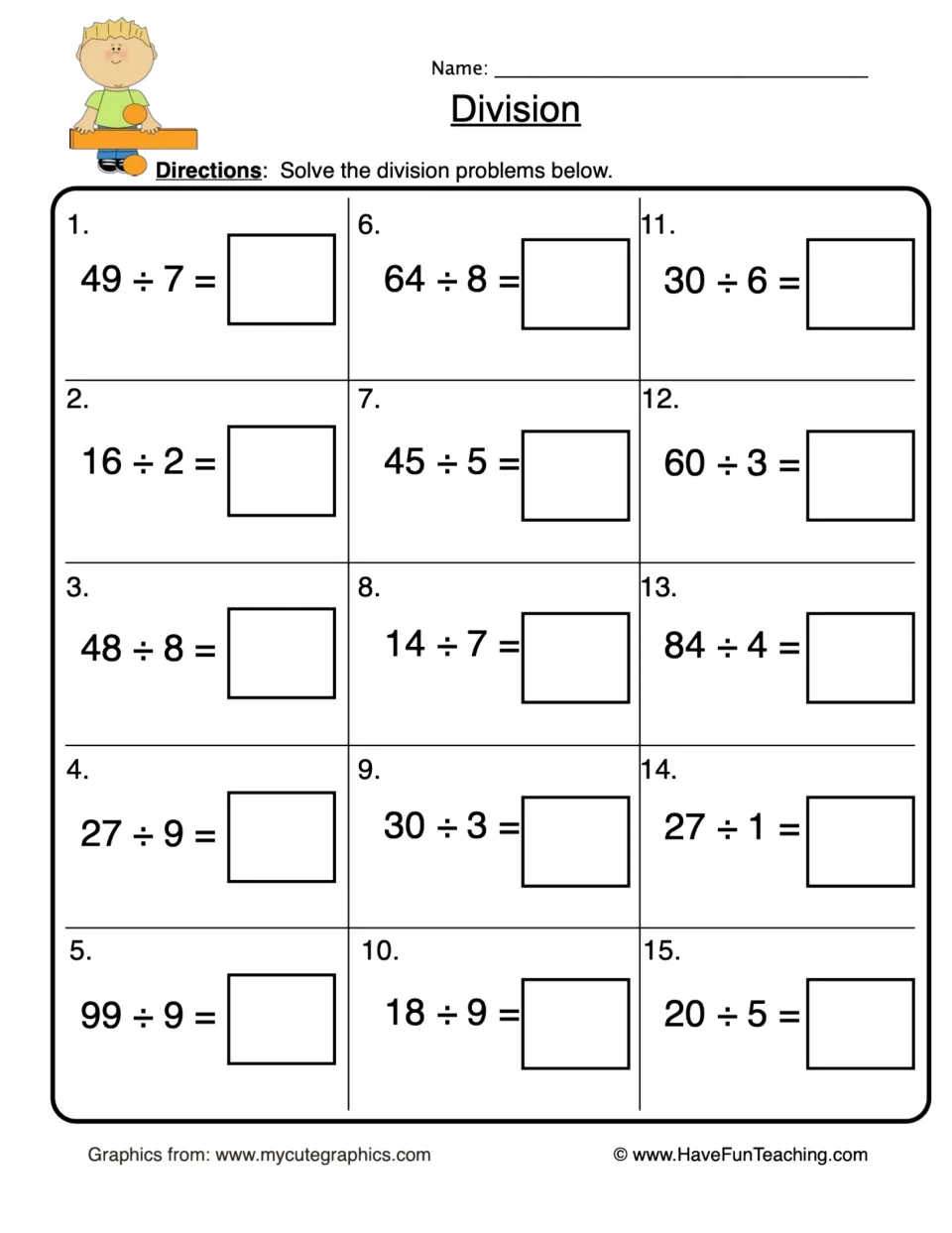 Division practice: students solve 15 division facts such as 49 ÷ 7, 64 ÷ 8 and 84 ÷ 4, writing each quotient