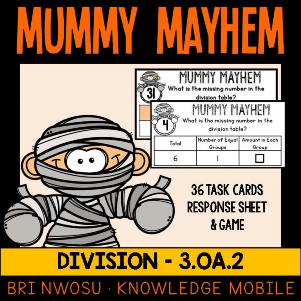 Division - Mummy Mayhem - 3.OA.2 cover announcing 36 division task cards, a response sheet, and a game