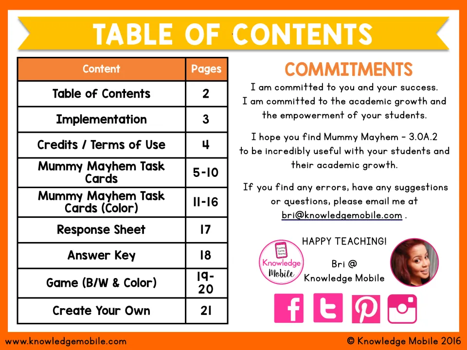 Table of contents listing division task cards, color versions, response sheet, answer key, game, and template