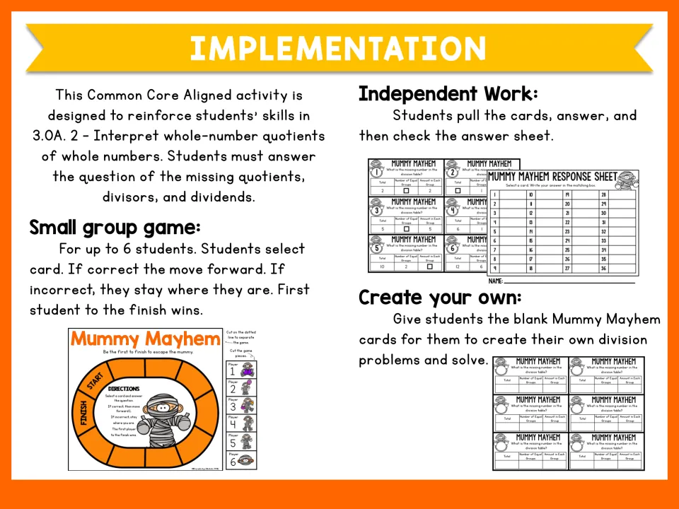 Implementation guide for division cards: independent work, a game for up to six, and creating questions