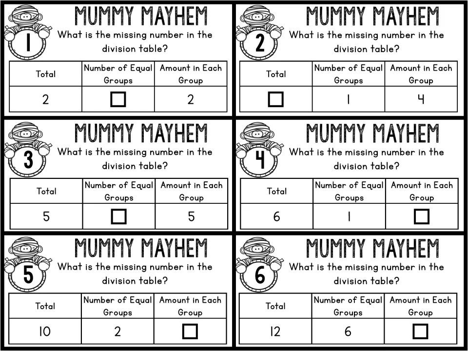 Division task cards 1–6 ask for missing totals, numbers of equal groups, or amounts in each group