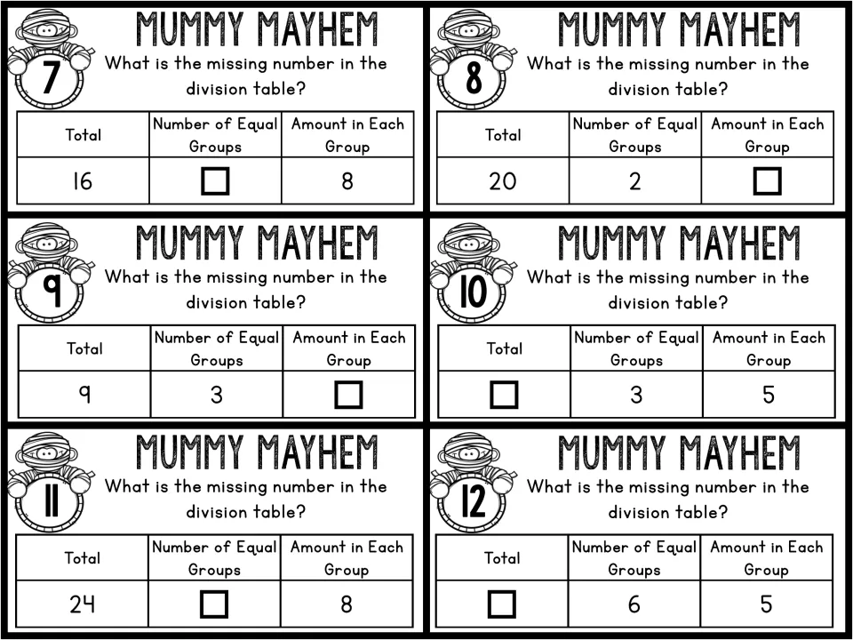 Division task cards 7–12 include 16 divided into groups of 8 and a missing total for 3 groups of 5