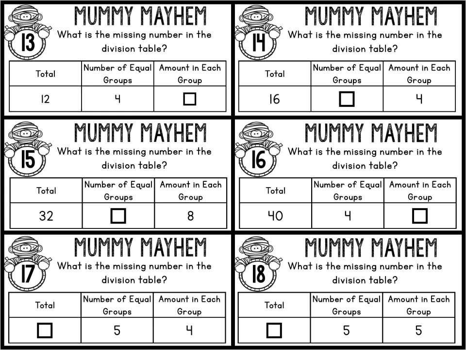 Division task cards 13–18 include 12 split into 4 equal groups and missing totals for 5 groups of 4 or 5