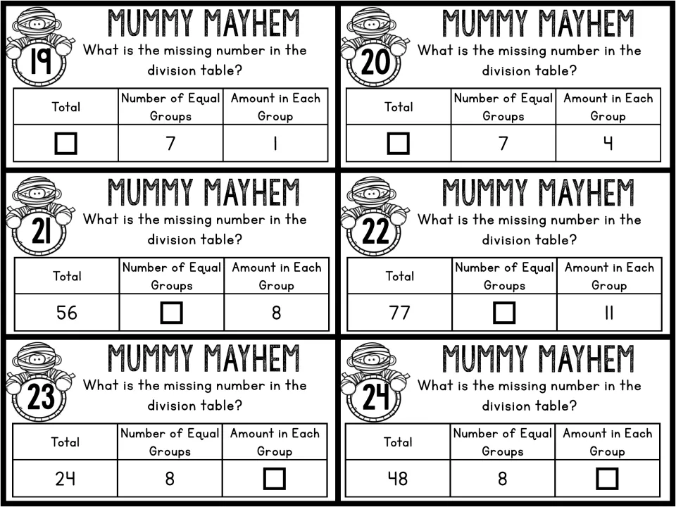 Division task cards 19–24 include missing totals for 7 groups and missing amounts for 8 equal groups