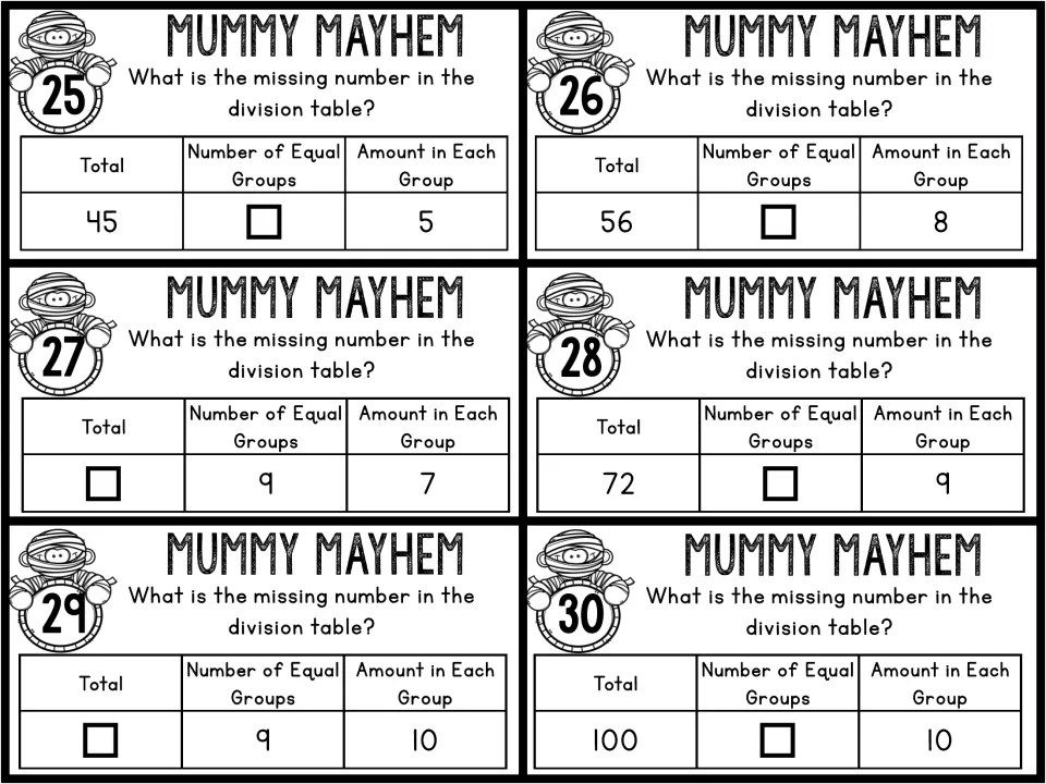 Division task cards 25–30 include missing totals for 9 groups of 7 or 10 and 100 divided into groups of 10