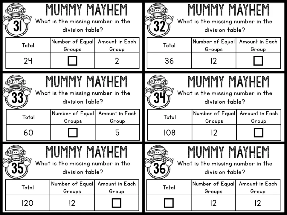 Division task cards 31–36 include 36, 108, and 120 split into 12 equal groups and a total for 12 groups of 12