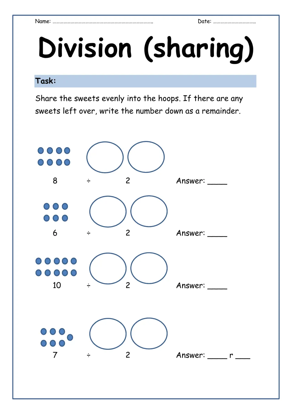 Division (sharing): students share drawn sweets equally into 2 hoops for 8, 6, 10 and 7 ÷ 2 and record any remainder