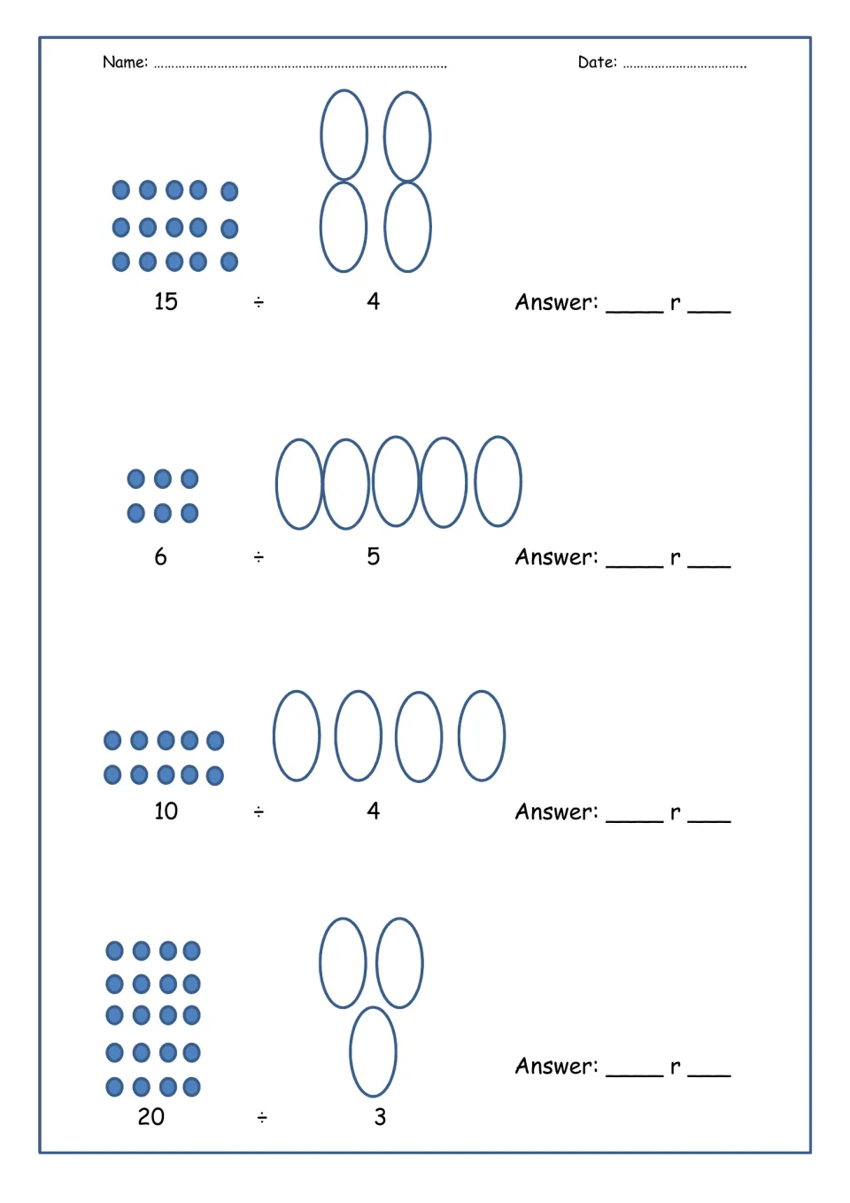 Sharing with remainders: students split drawn sweets into hoops for 15 ÷ 4, 6 ÷ 5, 10 ÷ 4 and 20 ÷ 3 and note leftovers