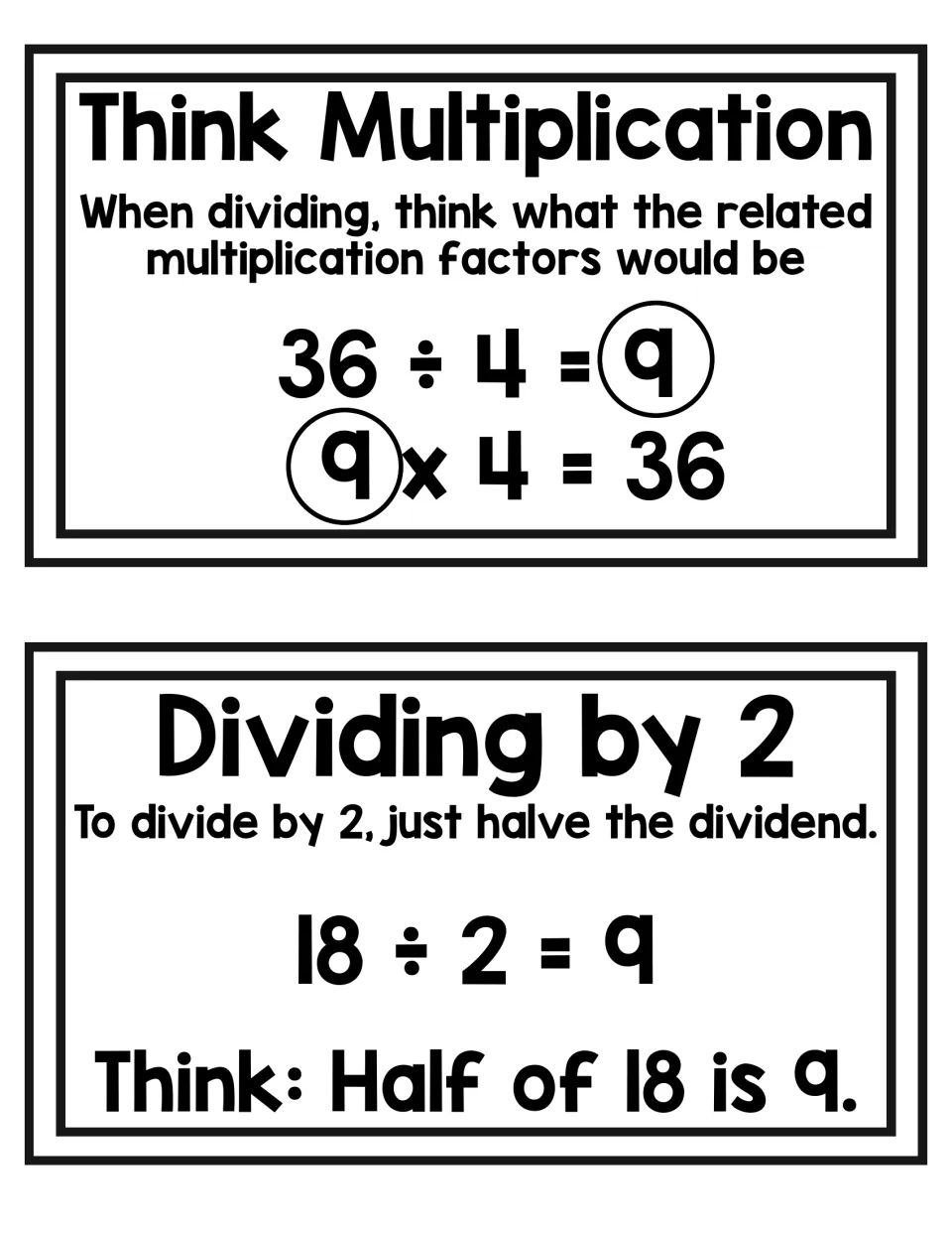 Fact strategies: one card circles 9 to link 36 ÷ 4 = 9 with 9 x 4 = 36; another halves the dividend, 18 ÷ 2 = 9