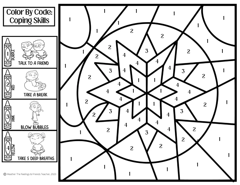 Coping skills mandala star: students color numbered spaces by a 4-color key, from talk to a friend to take 5 deep breaths