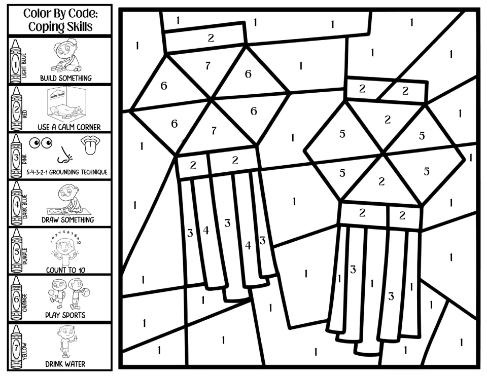 Diwali lanterns color by code: students match 7 coping skills like 5-4-3-2-1 grounding and count to 10 to colored spaces