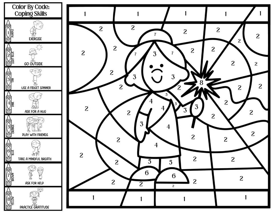 Girl with a sparkler color by code: students use 8 coping skills, such as ask for a hug and ask for help, as the color key
