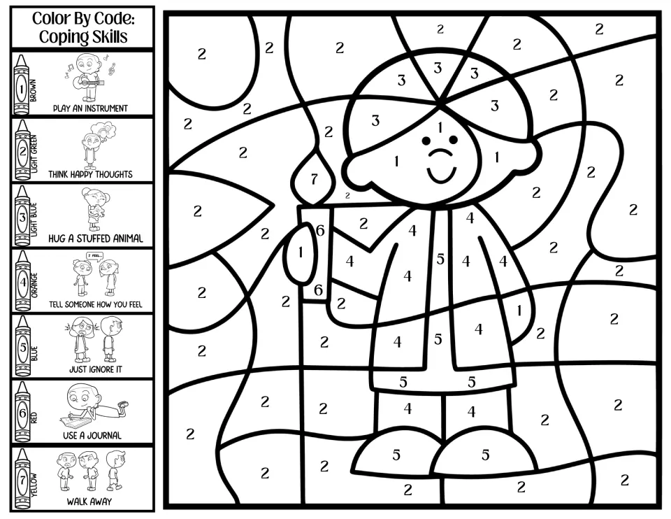 Boy with a candle color by code: students color by 7 coping skills, like hug a stuffed animal, use a journal or walk away
