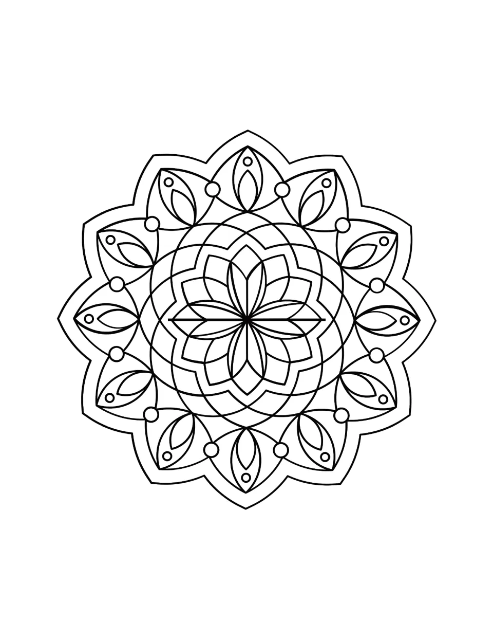 Diwali coloring sheet featuring a circular mandala with overlapping flower petals and pointed leaf shapes