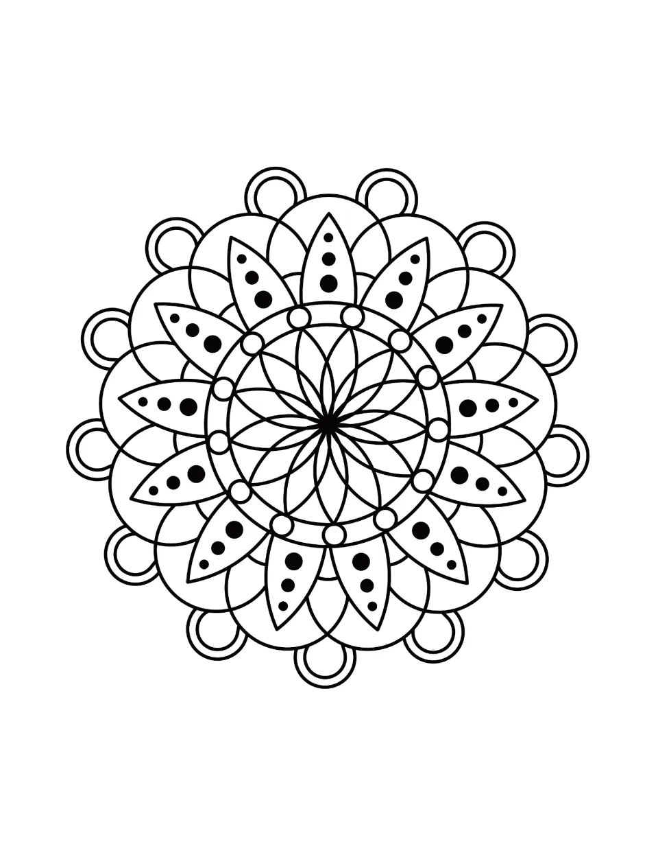 Diwali coloring sheet featuring a flower mandala with dotted pointed petals and rounded outer loops