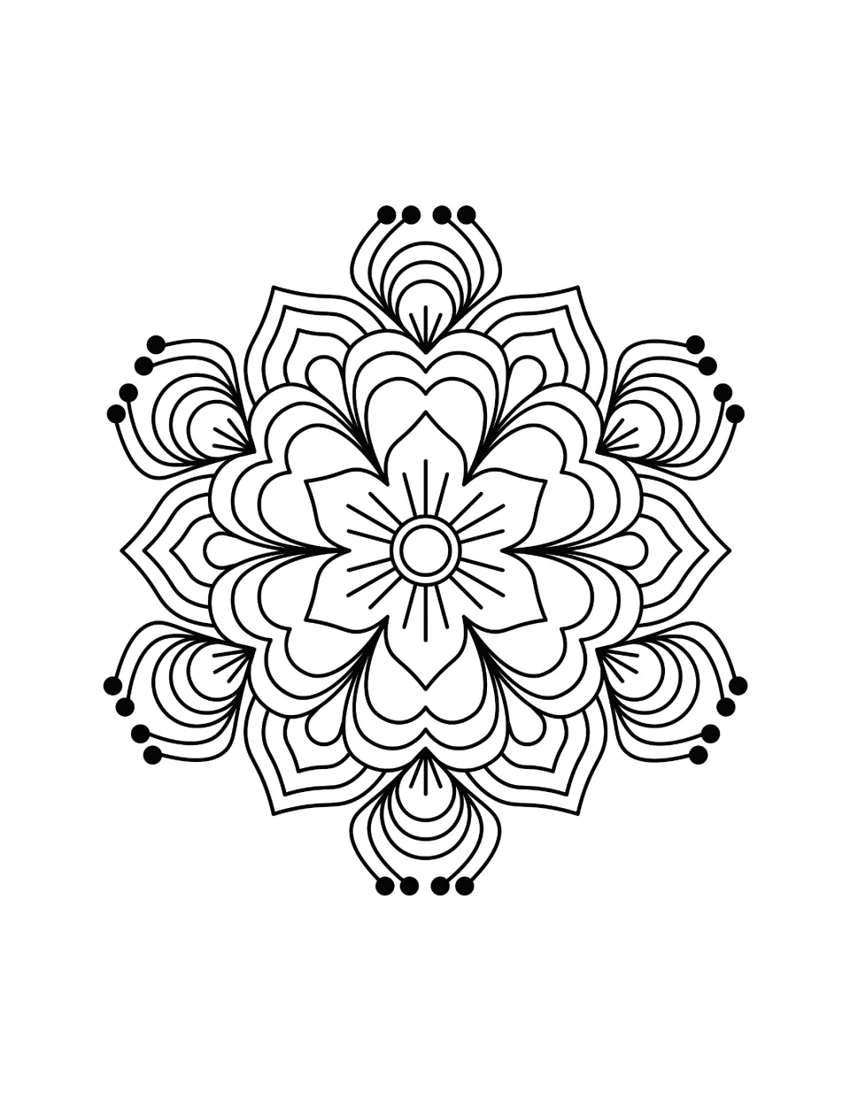 Diwali coloring sheet featuring a floral mandala with layered heart-shaped petals and curved dotted tips