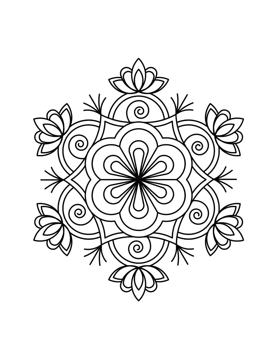 Diwali coloring sheet featuring a six-petal flower surrounded by spirals, small blossoms, and radiating strokes