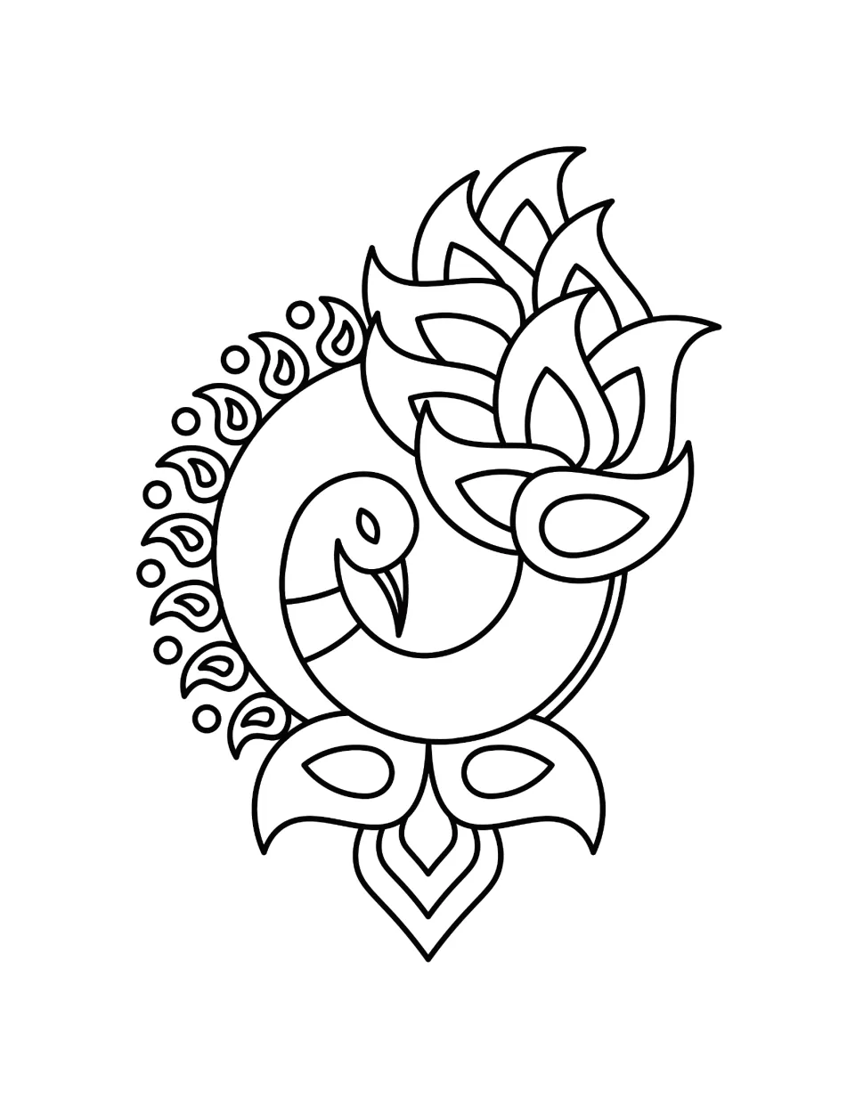 Diwali coloring sheet featuring a stylized peacock with a curled body and large pointed tail feathers