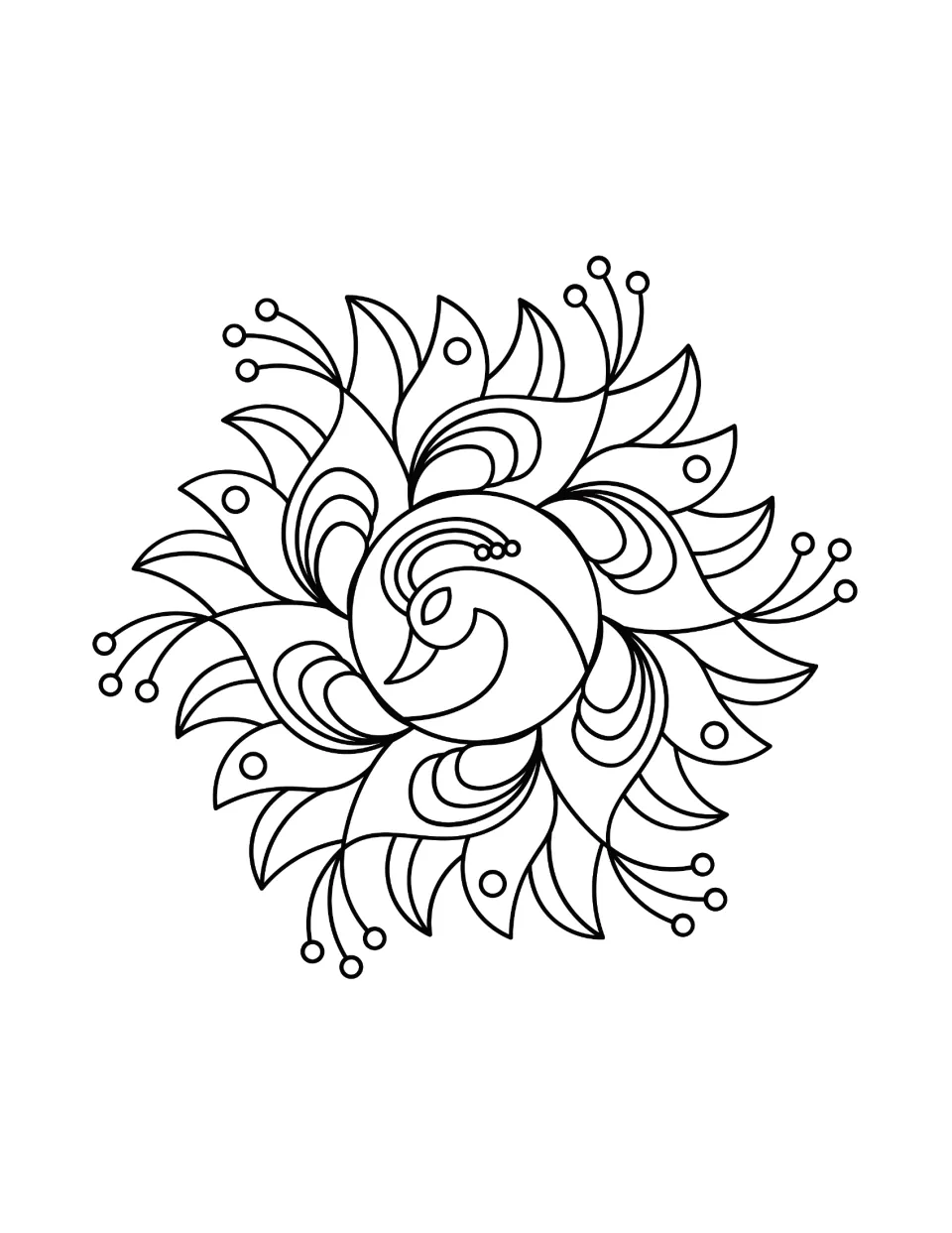 Diwali coloring sheet featuring a peacock curled at the center of swirling feathers and circle-tipped curves