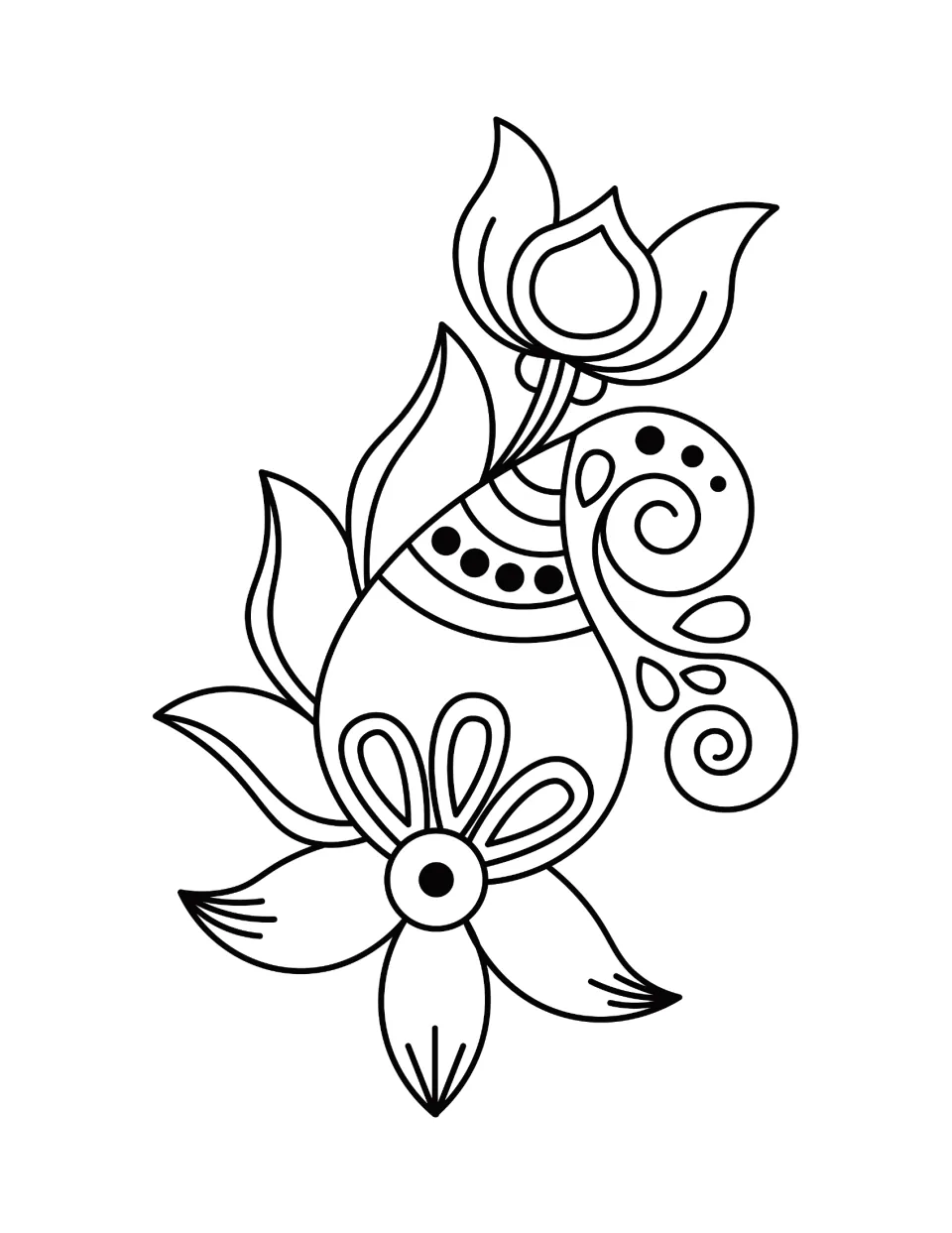 Diwali coloring sheet featuring a curved paisley motif decorated with spirals, dots, leaves, and flowers