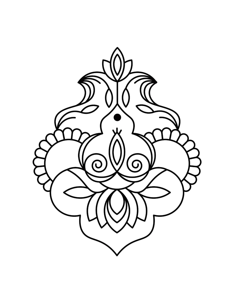 Diwali coloring sheet featuring a symmetrical floral motif with paired spirals, scalloped fans, and petals